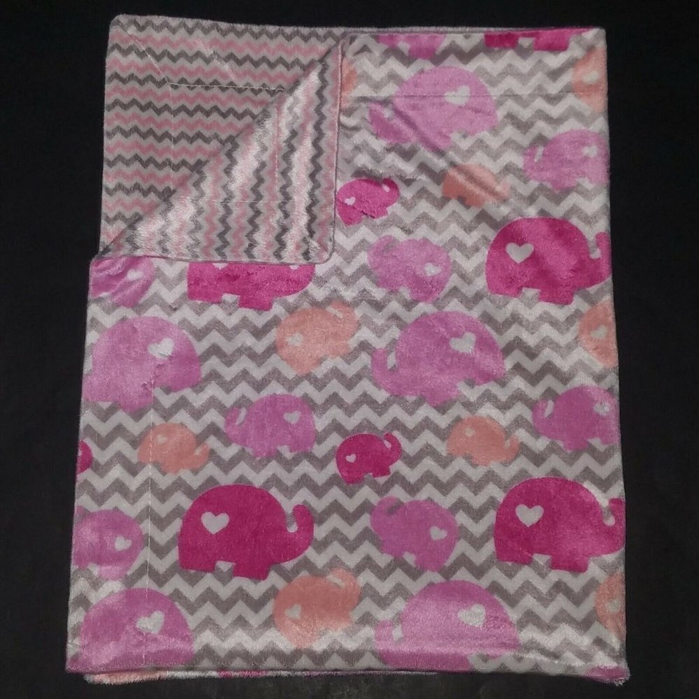 RN 119741 Pink Gray Elephants Chevron Fleece Baby Blanket Reversible Lovey Heart